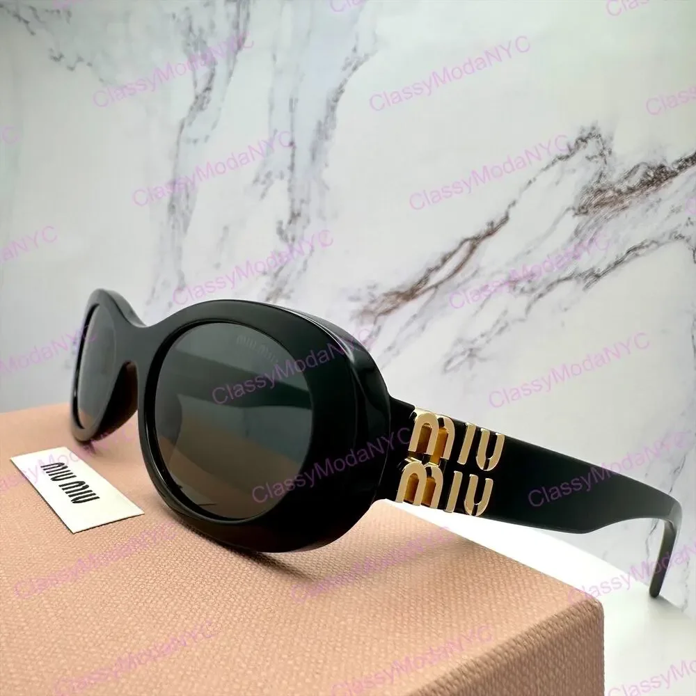 New MIU MIU Sunglasses Black Acetate Oval Gold Metal Logo Authentic Italy